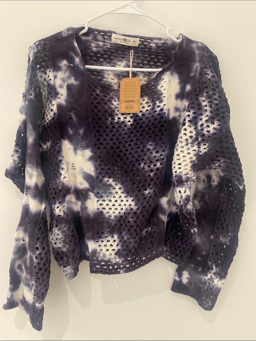 NWT Natural Life Blue And White Tie Dye Boho Crop Long Sleeve Top Size M
